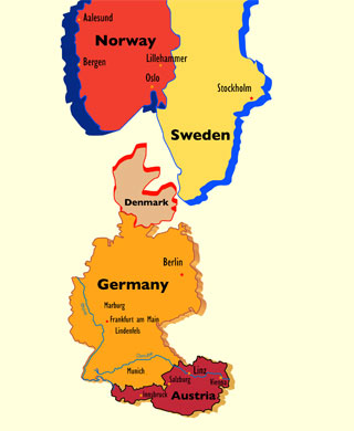 map of Norway, Sweden, Germany and Austria